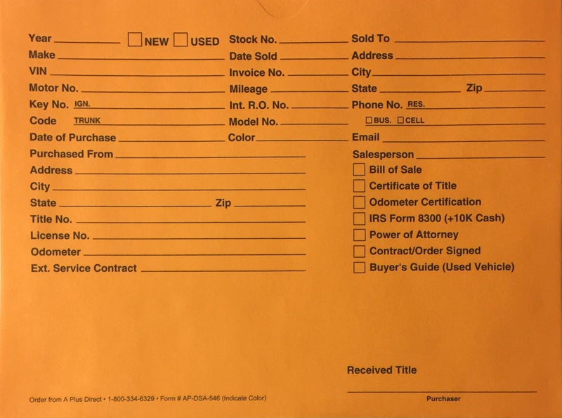 A Plus Auto Dealer Vehicle Paper File Jackets Orange DSA-546, Quantity 100 (U6) - Image 1